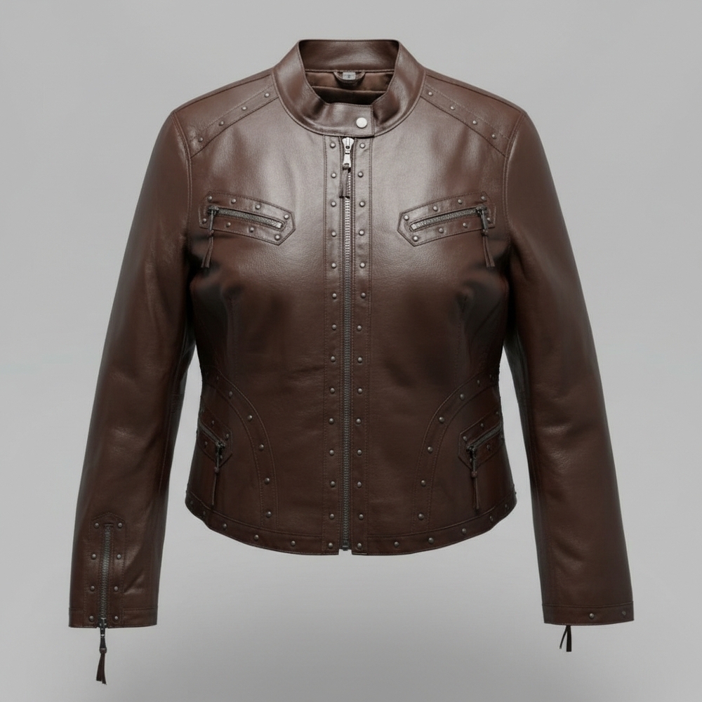 Pam McCoy Chocolate Brown Moto Style Studded Leather Jacket